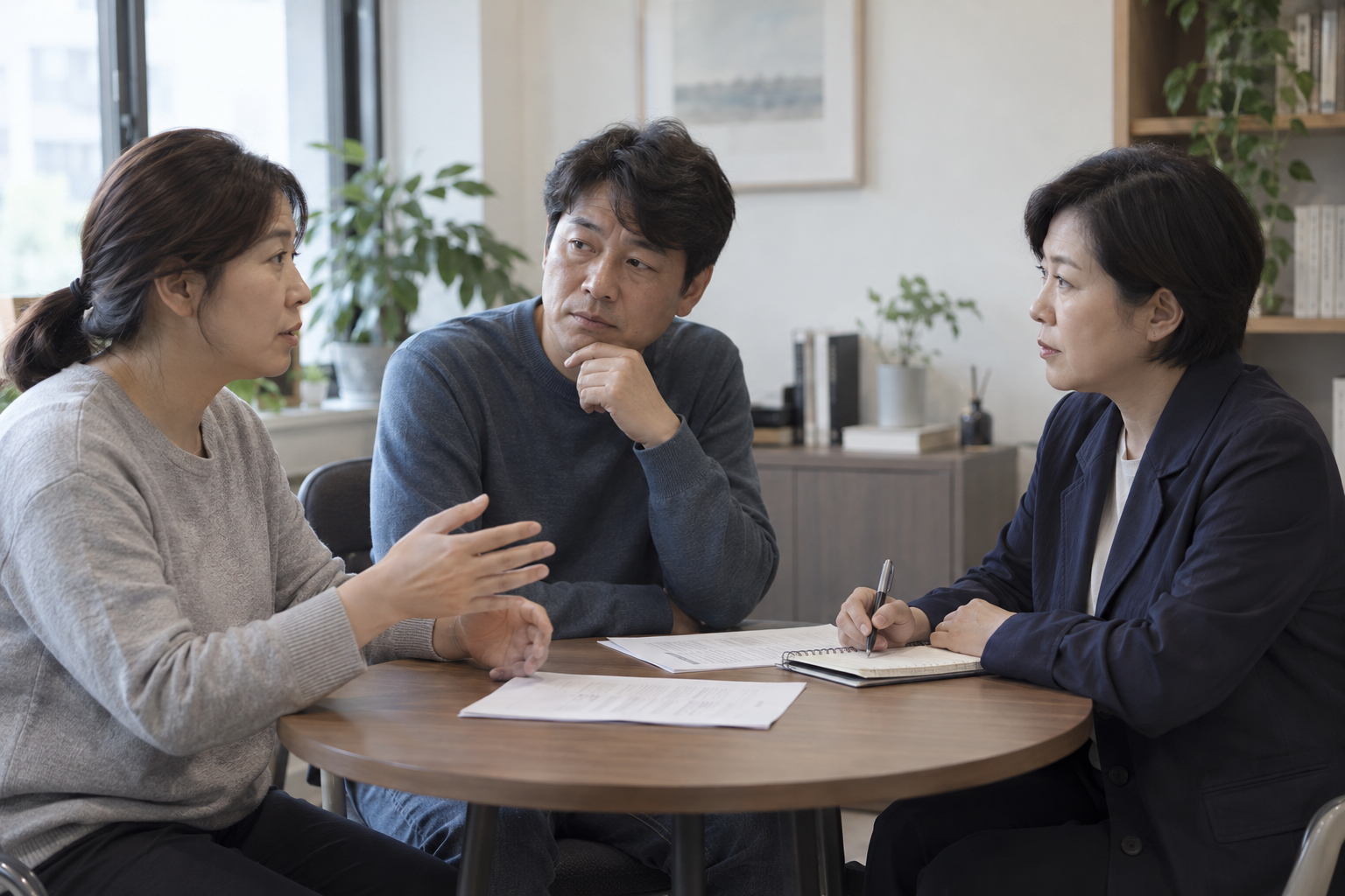 가족 두 명과 상담 담당자가 의견을 정리하는 장면을 표현한 AI 이미지