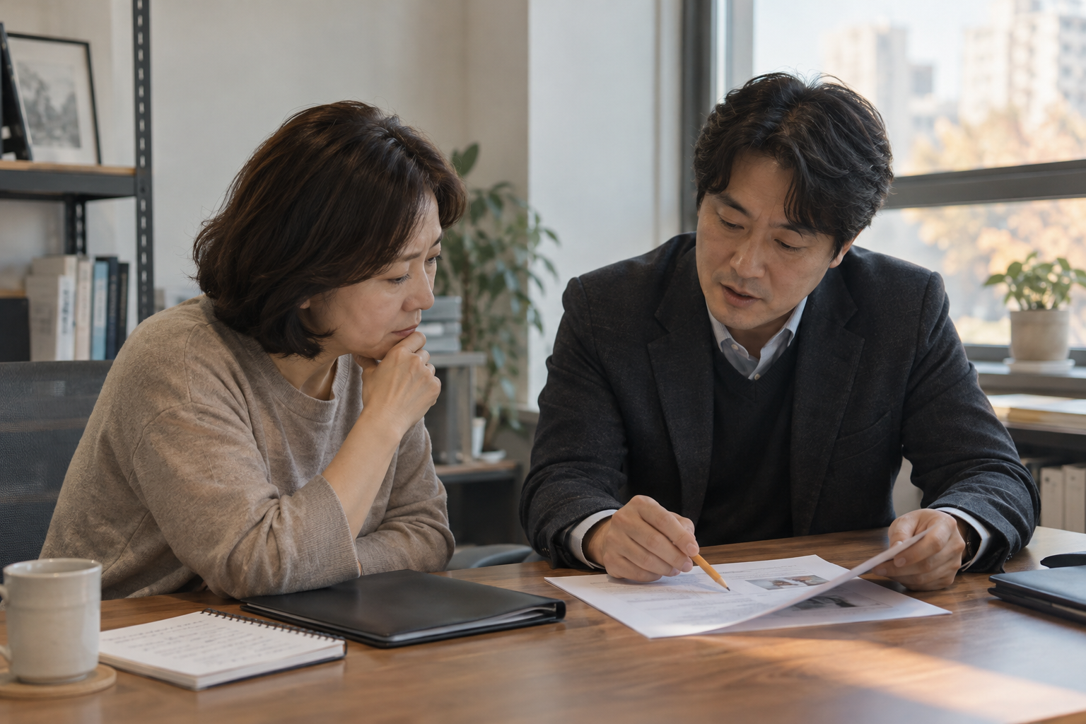결과 설명을 듣고 남은 질문을 확인하는 상담 장면을 표현한 AI 이미지