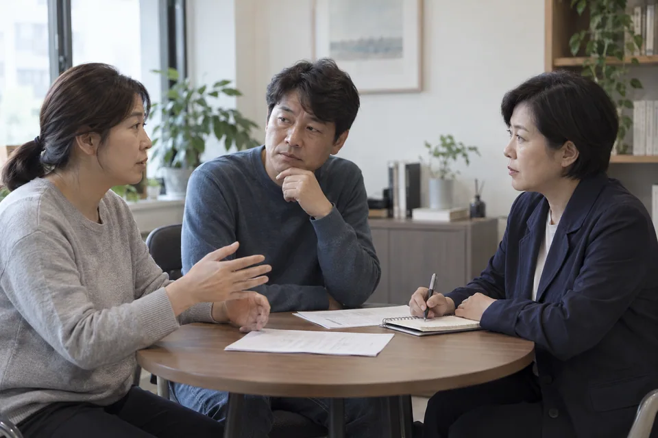 가족 두 명과 상담 담당자가 의견을 정리하는 모습