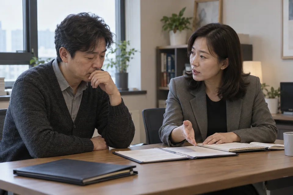 진행할 자료와 보류할 자료를 구분하는 상담 모습