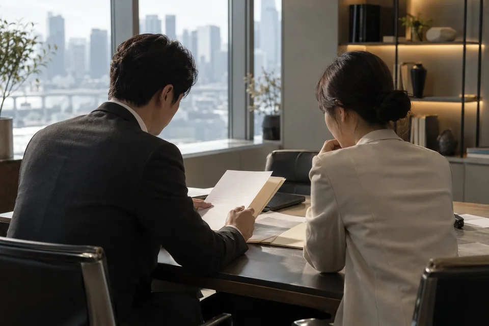 상담자가 문서를 함께 살펴보는 기업 상담 장면