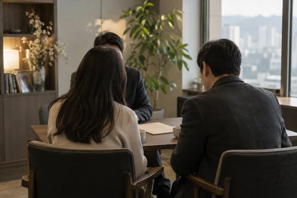상담 테이블에 마주 앉아 가족 문제를 이야기하는 장면