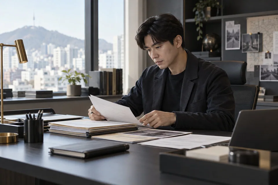 책상에서 서류를 읽고 검토하는 상담자 장면